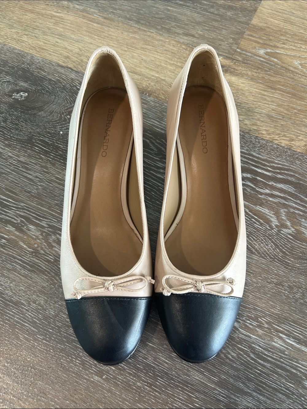 Bernardo Cream and Black Cap-Toe Ballet style block heel